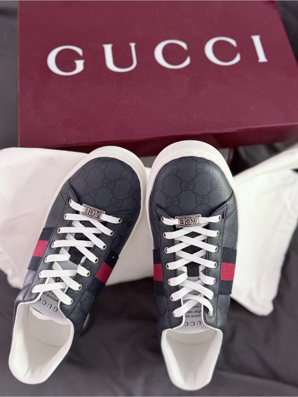 Brand New Gucci Ace GG Supreme Sneakers Blue Monogram Red/Navy Web - Picture 5 of 6